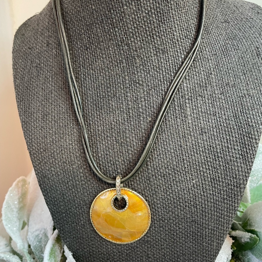Monet Yellow Enamel Pendant Necklace with Silver Accents and Cord